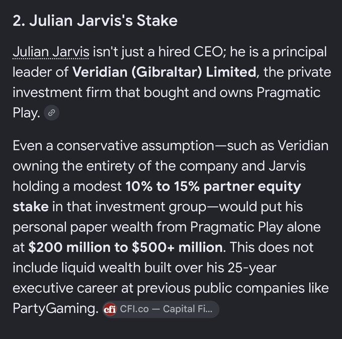 A text excerpt titled '2. Julian Jarvis's Stake' discussing how Julian Jarvis, principal leader of Veridian (Gibraltar) Limited, holds a 10% to 15% partner equity stake that could value his personal paper wealth from Pragmatic Play at $200 million to $500+ million.