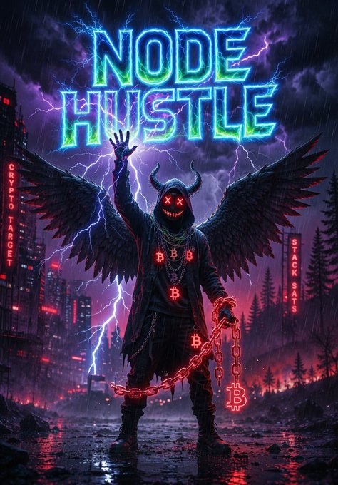 A dark cyberpunk demon with horns, black wings, and glowing red "X X" eyes stands in a stormy cityscape holding a glowing Bitcoin chain, with "NODE HUSTLE" emblazoned in neon lightning overhead and "CRYPTO TARGET" and "STACK SATS" signs flanking the scene, perfectly capturing the post's "Node Hustle Cyberpunk Takeover in the Storm" aesthetic of crypto streetwear and dystopian energy.