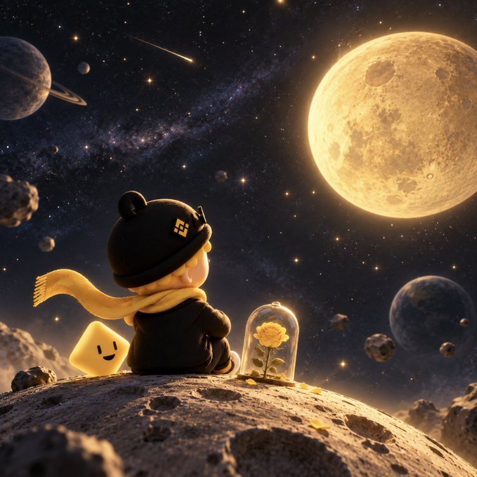 A cute figure in a beanie and yellow scarf sits on a moonlit asteroid beside a glowing yellow rose in a glass dome, gazing up at a massive luminous moon and starry cosmos. The whimsical, dreamy scene perfectly captures the "To the Moon" sentiment—blending celestial wonder with heartfelt, glowing optimism.