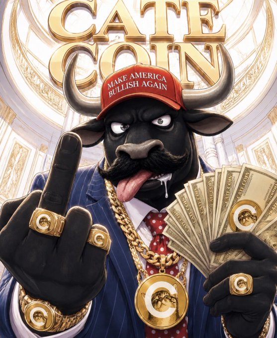 A cartoon bull wearing a "MAKE AMERICA BULLISH AGAIN" red cap and gold chains holds a fan of "$CATE COIN" bills, standing before a grand "CATE COIN" backdrop. The imagery ties to the post announcing that $CATE will air weekly on the solangeles TV show, celebrating the "PoorGoat" mascot's consistent bagworking with a flashy, wealth-themed welcome to the network.