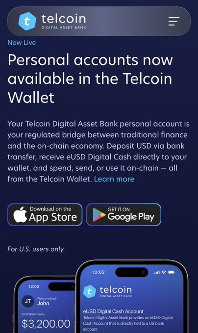 The image shows a phone screen displaying information about Telcoin Digital Asset Bank's new eUSD bank account feature. The phone screen has two cell phones, one of which is an iPhone with a blue background, while the other displays a black background. Both phones are open and show the details of the new eUSD account feature on their respective screens. The image also includes text that reads "Your Telcoin Digital Asset Bank Personal Accounts now available in the Telcoin Wallet".