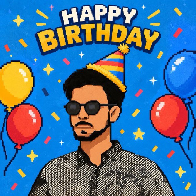 A pixel art illustration of a man with sunglasses, a beard, and a striped party hat, set against a blue background with balloons and the text 'HAPPY BIRTHDAY'.