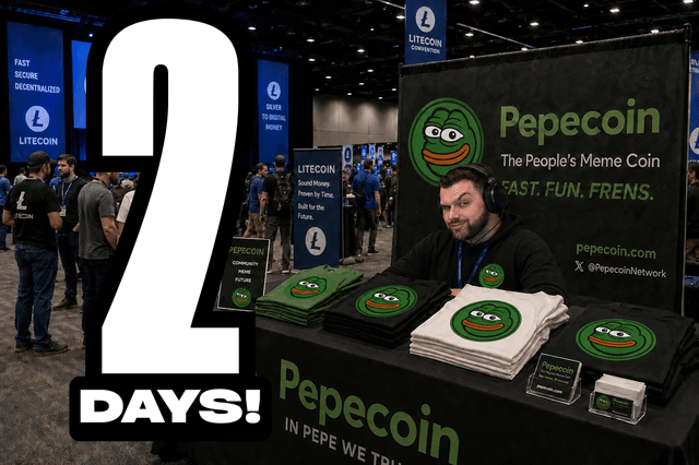 The image shows a man sitting behind a table with several shirts displayed, including some that say "Pepecoin" or have a green frog design. The man appears to be selling these shirts at an event, possibly for a pepcoin company. There are other people in the background who might also be interested in purchasing one of the shirts. The post suggests that there is a pepcoin summit happening soon and encourages people to attend by promoting the event with the hashtag #pepcoint Summit.