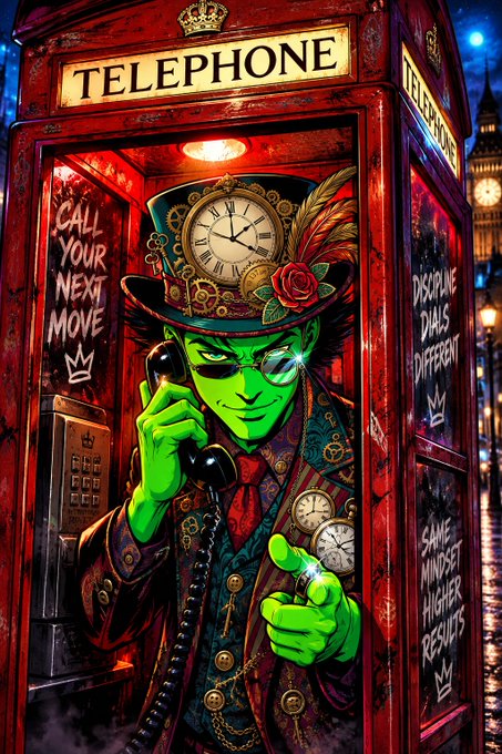 A stylized, colorful illustration of a green-skinned character in a steampunk top hat making a phone call from inside a red 'TELEPHONE' booth, with Big Ben visible in the background and text including 'CALL YOUR NEXT MOVE' and 'DISCIPLINE DIALS DIFFERENT'.