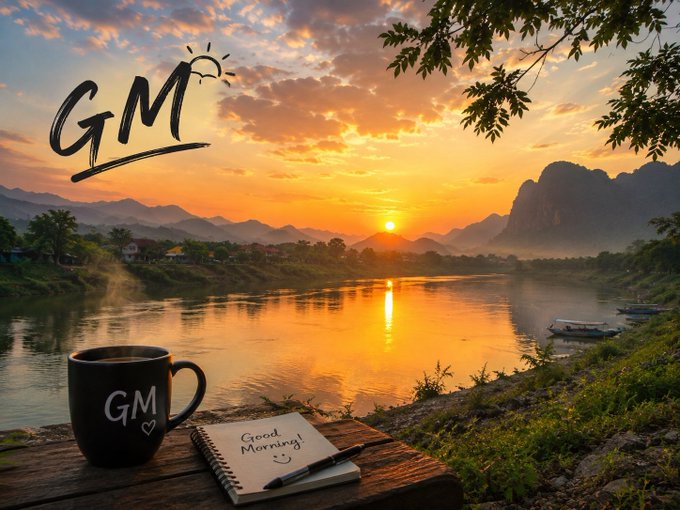 A scenic sunset over a river with mountains, featuring a coffee mug labeled 'GM' and a notebook reading 'Good Morning!' with 'GM' handwritten in the sky.