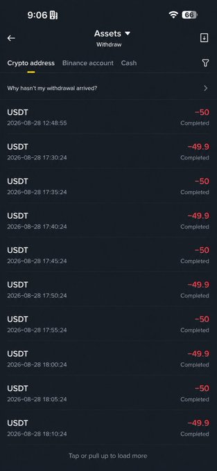 A mobile app screenshot showing an Assets withdrawal history with multiple USDT transactions of -50 and -49.9 amounts marked as Completed on 2026-08-28.