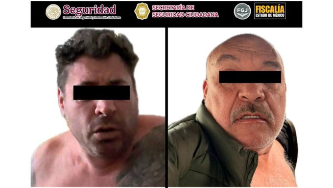 Official mugshot image from 'Secretaría de Seguridad Ciudadana' and 'Fiscalía Estado de México' showing two men with black bars over their eyes.