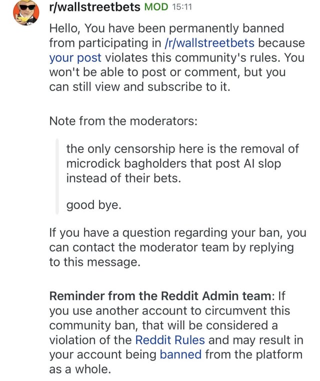 A Reddit ban message from r/wallstreetbets showing a user has been permanently banned for posting AI-generated content instead of actual trades, with the moderator's note stating "the only censorship here is the removal of microdick bagholders that post AI slop instead of their bets. good bye."