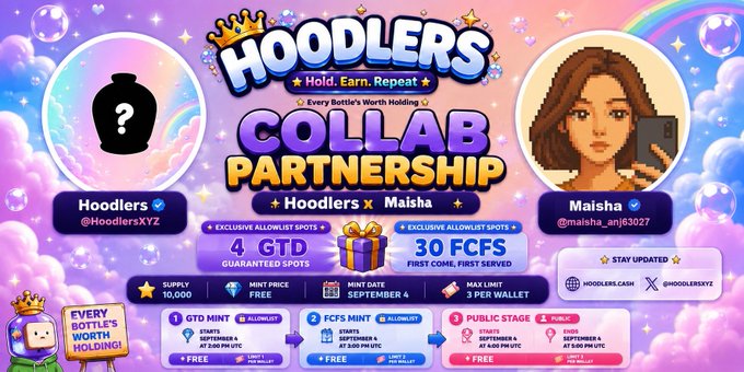 A vibrant promotional banner for a "Hoodlers x Maisha" collab partnership NFT giveaway, featuring the tagline "Hold. Earn. Repeat" and highlighting 4 GTD spots and 30 FCFS spots with a free mint on September 4, alongside pixel-art portraits of Hoodlers' mascot and influencer @maisha_anj63027.