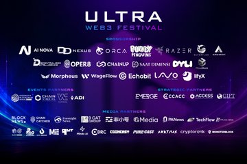 A promotional poster for the 'ULTRA WEB3 FESTIVAL' displaying sponsor logos including AI NOVA, NEXUS, ORCA, Pudgy Penguins, Razer, Morpheus, ChainUp, Lavo, and many others across categories like events, strategic partners, media, and block news.