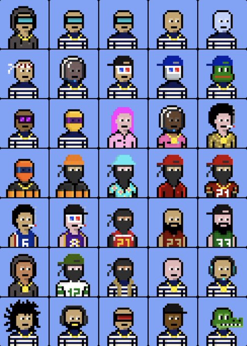 A pixel art character sprite sheet showing various prisoner characters in striped uniforms, some wearing masks, headphones, or different colored hats and outfits, arranged in a grid on a blue background.