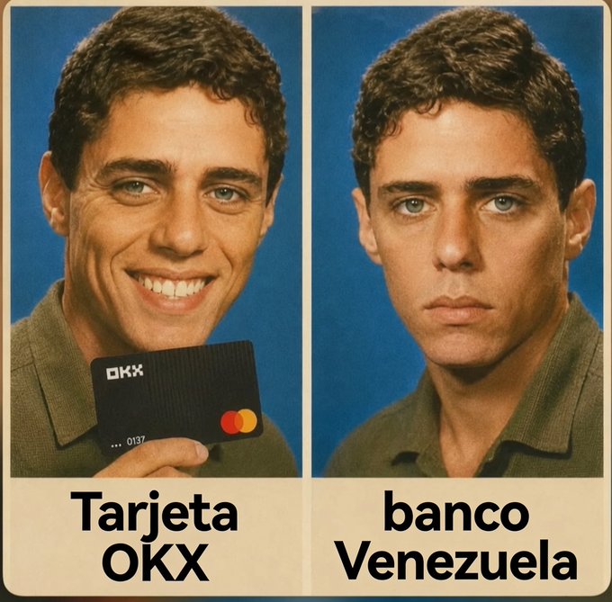 A meme-style image showing two photos of the same young man, labeled 'Tarjeta OKX' on the left (with an OKX Mastercard) and 'banco Venezuela' on the right.