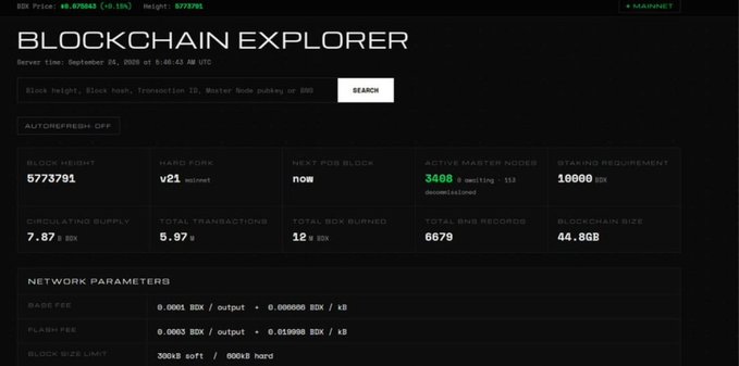 A blockchain explorer dashboard showing BDX (BlockDX) cryptocurrency statistics, including block height 5773791, hard fork v21, 3468 active master nodes, and a 7.67% circulating supply.