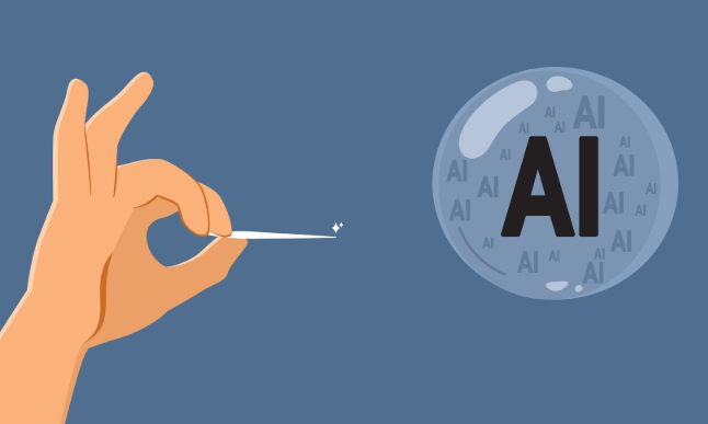 The image shows a hand popping a transparent bubble labeled with "AI" multiple times, symbolizing the bursting of the AI hype bubble. This visually represents the post's warning that crypto AI inference is overhyped, with market makers poised to dump on retail investors caught up in the FOMO frenzy around AI-related crypto projects.