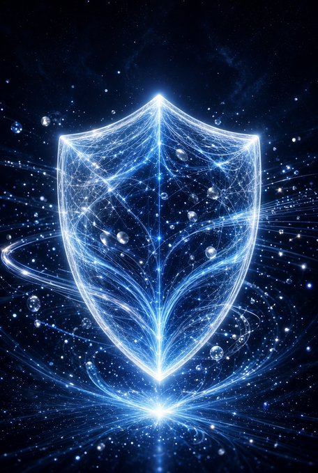 A glowing, ethereal blue shield made of light and energy sits against a starry night sky background, surrounded by floating orbs and swirling particles of light.