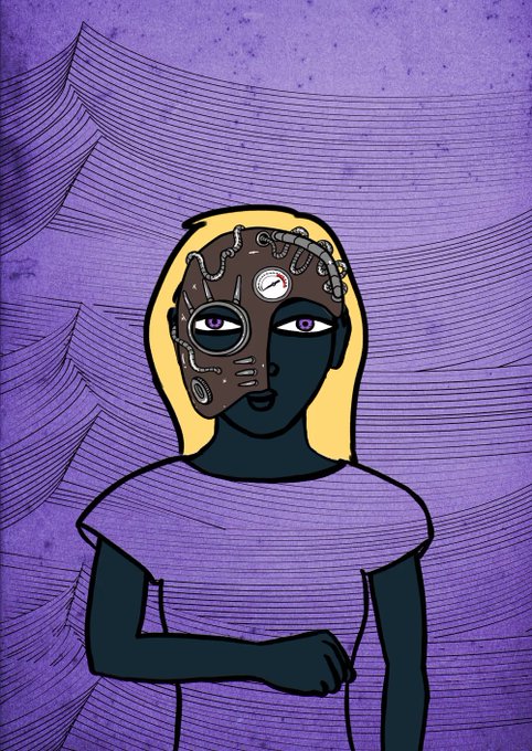 A stylized illustration of a blonde figure wearing a purple shirt and a brown mask with a gauge over one eye, set against a purple background with web-like patterns.