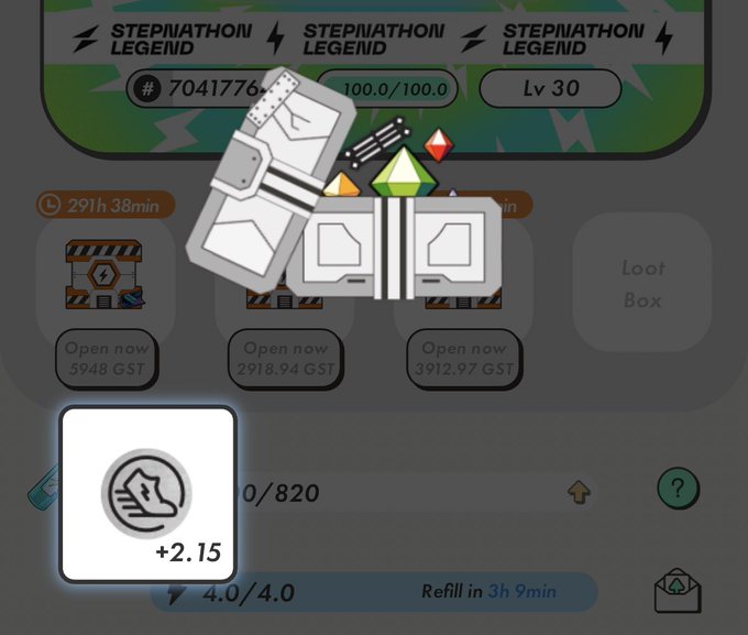 STEP'N game interface displaying 'STEPNATHON LEGEND' with loot boxes available to open, showing GST costs and a +2.15 energy refill option.