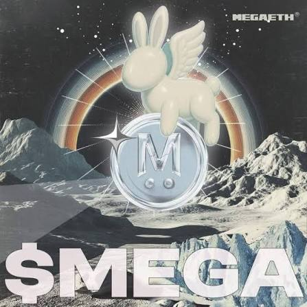 A crypto meme coin promotional image featuring a winged white bunny sitting on a coin with the letter 'M', set against a cosmic mountain landscape with a rainbow, branded '$MEGA' and 'MEGAETH'.