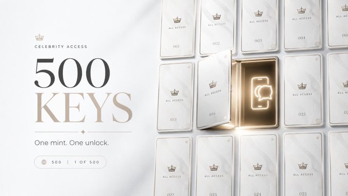 A promotional graphic for 'CELEBRITY ACCESS' featuring '500 KEYS' with the tagline 'One mint. One unlock,' showing a grid of white access cards with one card flipped open to reveal a gold Facebook 'f' logo.