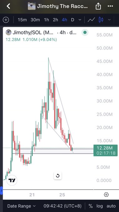 TradingView chart of Jimothy/SOL memecoin showing a 9.04% gain at 12.28M market cap, with a descending triangle pattern visible on the 4h timeframe.