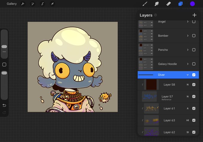 A digital illustration app interface displays a cartoonish white-haired blue creature with yellow eyes, with a layers panel on the right showing group folders labeled 'Angel', 'Bomber', 'Poncho', 'Galaxy Hoodie', and 'Diver'.