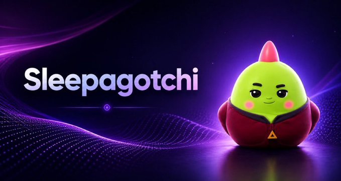 Promotional banner for 'Sleepagotchi' featuring a green, round character with a red crest and a maroon hoodie against a purple cosmic background.