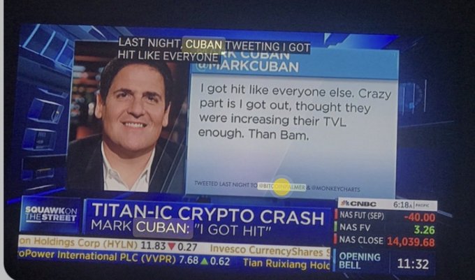 A CNBC "Squawk on the Street" segment displayed on a TV screen features Mark Cuban discussing a crypto crash, with the on-screen tweet reading "I got hit like everyone else. Crazy part is I got out, thought they were increasing their TVL enough. Than Bam." The headline reads "TITAN-IC CRYPTO CRASH — MARK CUBAN: 'I GOT HIT'", tying into the post about Cuban being a major figure in crypto exits.