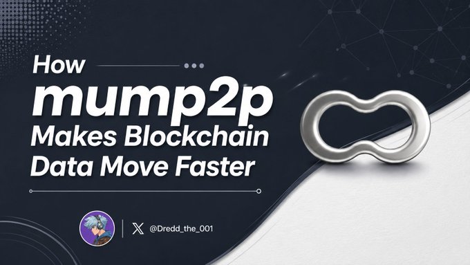 A banner graphic reading 'How mump2p Makes Blockchain Data Move Faster' with an infinity symbol design and credit to X user @Dredd_the_001.