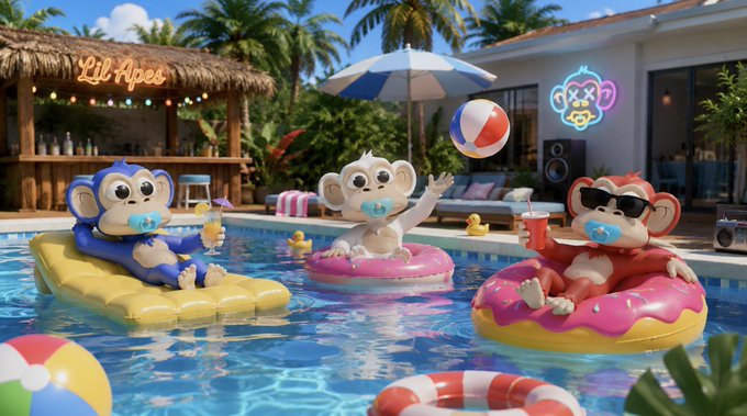 Three cartoon baby monkeys with pacifiers float in a swimming pool on colorful donut and rectangular inflatables, with a tiki bar labeled 'Lil Apes' visible in the background.