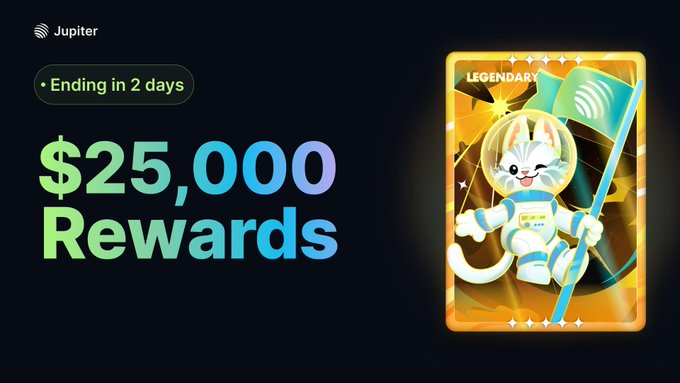 Jupiter promotional graphic advertising a $25,000 rewards campaign ending in 2 days, featuring a "Legendary" astronaut cat NFT holding the Jupiter logo flag, tied to a Tessera campaign offering Mystery Cards worth up to $1,000 for trading $tSpaceX, $tKalshi, or $tOpenAI tokens via Ultra Mode.