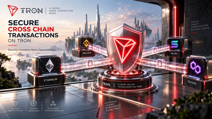 A promotional graphic for TRON advertises 'Secure Cross Chain Transactions on Tron,' connecting Ethereum, BNB Chain, Solana, and Polygon in a futuristic setting.