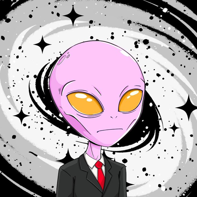 A cartoon illustration of a purple alien with large yellow eyes wearing a black suit and red tie, set against a swirling black and white cosmic background with stars.