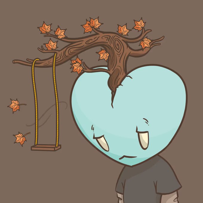 A digital illustration of a character with a light blue heart-shaped head and a tree with autumn leaves growing out of the top, standing next to an empty wooden swing.