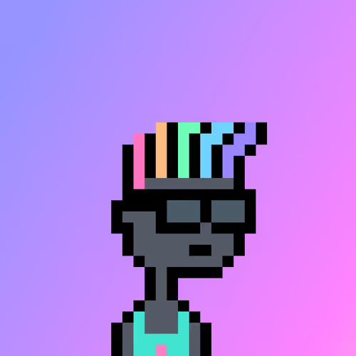 A pixel art character with colorful vertical-striped hair, dark sunglasses, and a cyan tank top against a purple-to-pink gradient background.