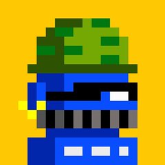 An 8-bit pixel art style illustration of a figure wearing a green hat and blue outfit appears on a yellow background.