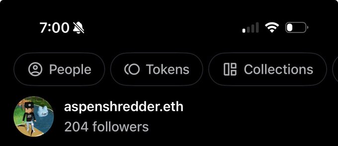 A mobile profile screen showing the username 'aspenshredder.eth' with 204 followers, with navigation tabs for 'People', 'Tokens', and 'Collections' above.