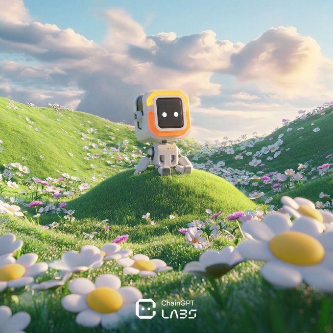 A small, friendly robot with a square glowing face sits peacefully atop a grassy mound surrounded by white and pink daisies under a soft cloudy sky, with "ChainGPT LABS" branding at the bottom. The image complements the "gm legends" post by capturing a serene, optimistic Sunday morning vibe — the robot pausing from its work to greet the community with a cheerful "good morning."