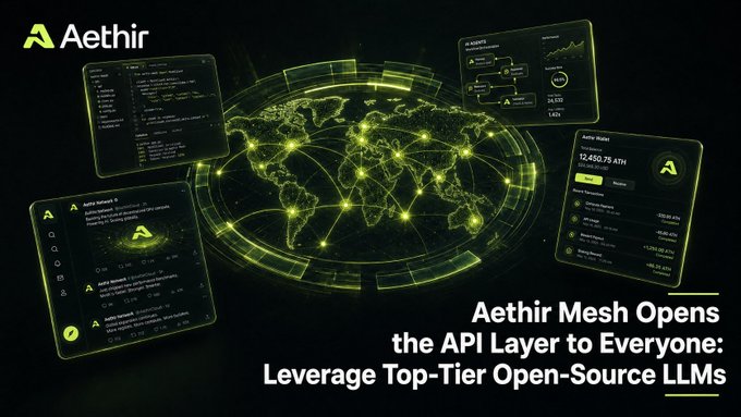 The image features a poster for Aethir Mesh, which is an open-source toolkit that allows users to create APIs layer by layer. The poster highlights the capabilities of the toolkit, including its ability to leverage top-tier open-source models such as DeepSeek and Kimi. It also mentions that the toolkit can be used for building APIs like those found in LinkedIn, Google Maps, and more. The post encourages users to plug their Aethir Mesh API key into their Aethir Claw agent to start using the toolkit's features.