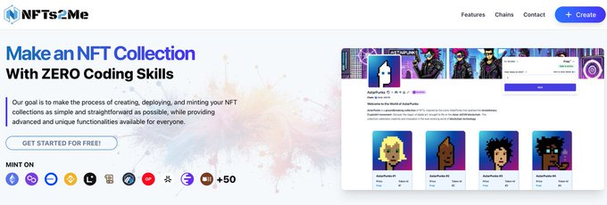 The image shows the NFTs2Me homepage featuring a "Make an NFT Collection With ZERO Coding Skills" headline, a "GET STARTED FOR FREE!" button, and a "MINT ON" section displaying various blockchain logos including "+50," alongside a preview of a pixel art NFT collection on the right. This visually supports the post's tutorial by showcasing the NFT creation platform (nfts2me.com) and its multi-chain minting capabilities needed to create NFTs on the BASE network to boost on-chain activity.