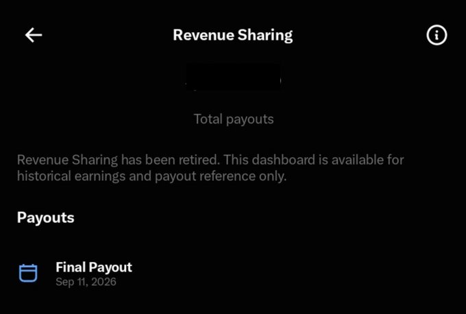 Dark-themed app screen titled 'Revenue Sharing' showing 'Total payouts' with a notice that 'Revenue Sharing has been retired,' and a 'Final Payout' scheduled for 'Sep 11, 2026'.