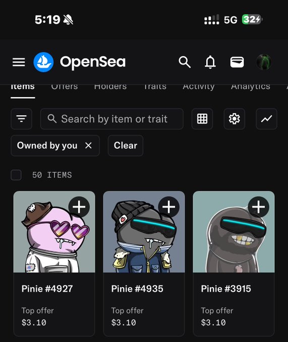 A screenshot of the OpenSea mobile app displays a collection of 50 Pinie NFTs owned by the user, featuring cartoonish characters with sunglasses and a beanie, each showing a top offer of $3.10. The image directly supports the post by visually confirming the holder's "50" Pinie collection.