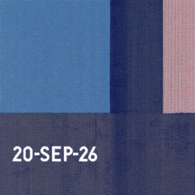 An abstract color palette composition features blocks of blue, navy, and pink with the text '20-SEP-26' in white.