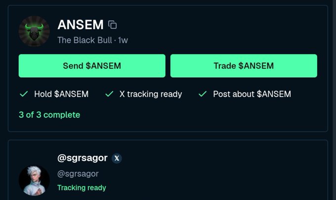 A user interface shows the ANSEM token ($ANSEM) project profile with options to "Send $ANSEM" and "Trade $ANSEM," alongside three completed tasks: holding the token, X tracking, and posting about it, while a second profile for @sgrsagor appears below indicating "Tracking ready," reflecting the user's active engagement and anticipation of the airdrop.