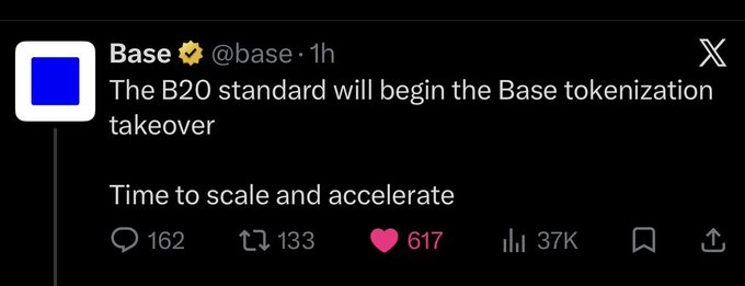 A tweet from Base (@base) reads 'The B20 standard will begin the Base tokenization takeover. Time to scale and accelerate', showing 162 replies, 133 retweets, 617 likes, and 37K views.