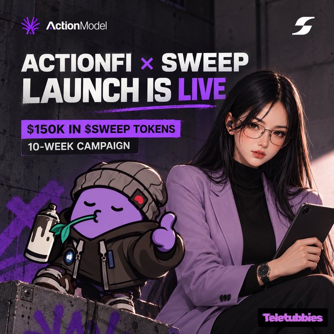 Promotional graphic for ActionModel's ACTIONFI x SWEEP launch featuring a woman with glasses in a purple blazer, a cartoon mascot, and text reading '$150K IN $SWEEP TOKENS' and '10-WEEK CAMPAIGN'.