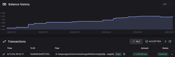 A financial dashboard showing a 'Balance history' line graph trending upward in bitcoin (₿) from approximately 1.47B to 1.52B between 2026-07-18 and 2026-08-12, with a transactions table below displaying a confirmed transaction of 1,238,349 bits to peer 'kaspa:qzjws2wszmrsu0mzgaW5rdwvzangfpb9j...wqsdj'.