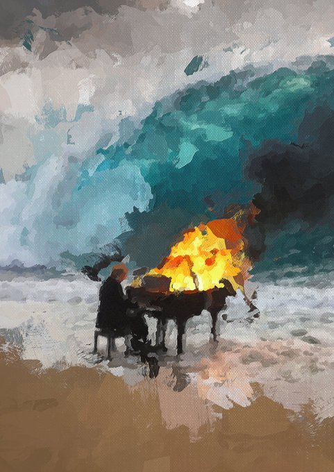 A painted artwork depicting a lone figure playing a grand piano engulfed in flames on a beach with crashing waves.