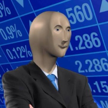 The 'Meme Man' character, a 3D rendered figure with a smooth, hairless head and a suit, standing in front of a blue background displaying financial ticker numbers.
