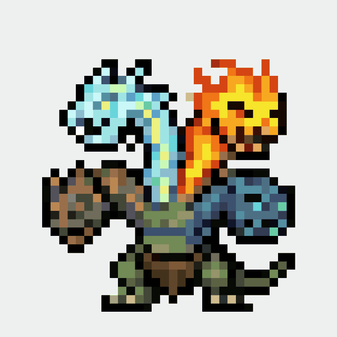 A pixel art character depicting a quad-headed dragon or beast with ice, fire, nature, and water elemental heads on a grey background.