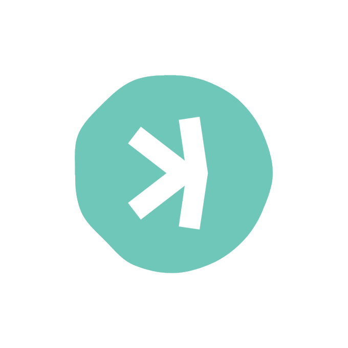 A simple logo icon featuring a white sideways 'K' arrow symbol on a teal-green circular background against a dark teal backdrop.